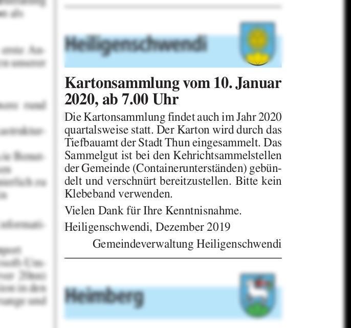 Kartonsammlung Vom 10 Januar 2020 Ab 700 Uhr Thuner