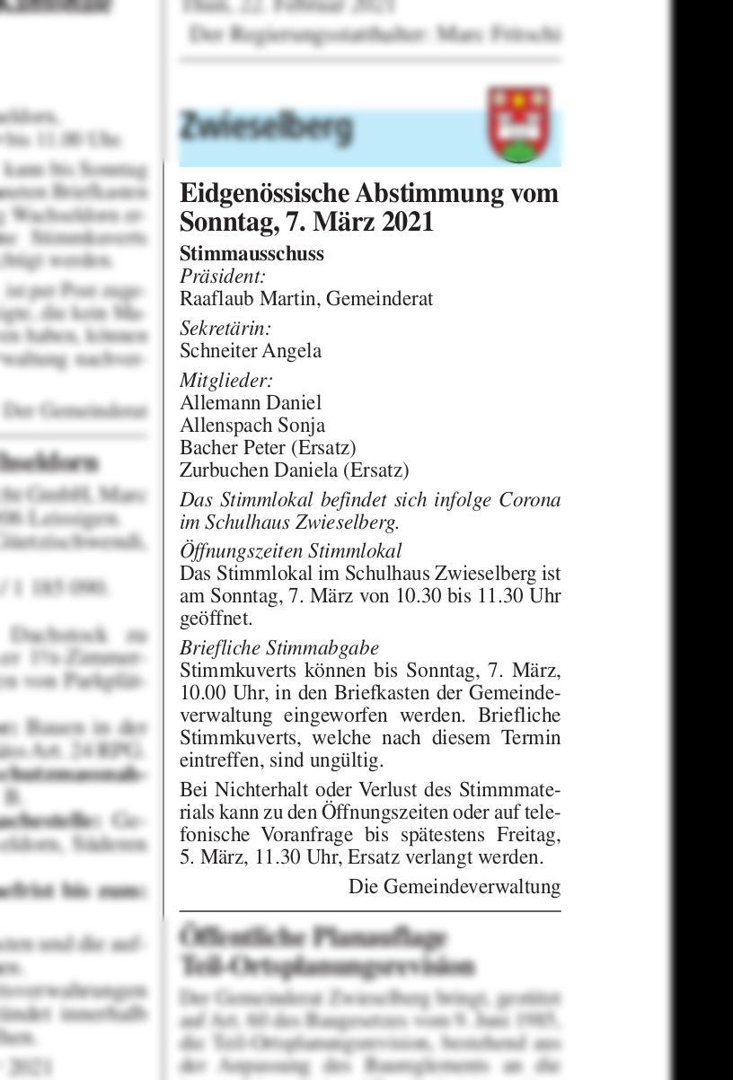 Eidgenössische Abstimmung vom Sonntag, 7. März 2021 ...